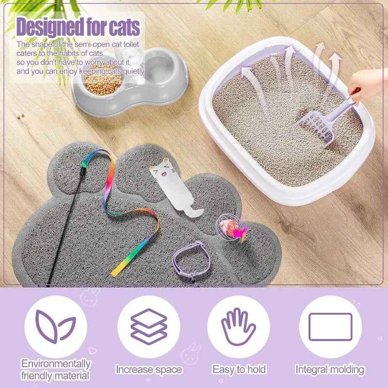 7 Pcs Starter Kit Litter Box with Shovel Cat Paw Mat Double Automatic Cat Bowls Toy Teaser Stick