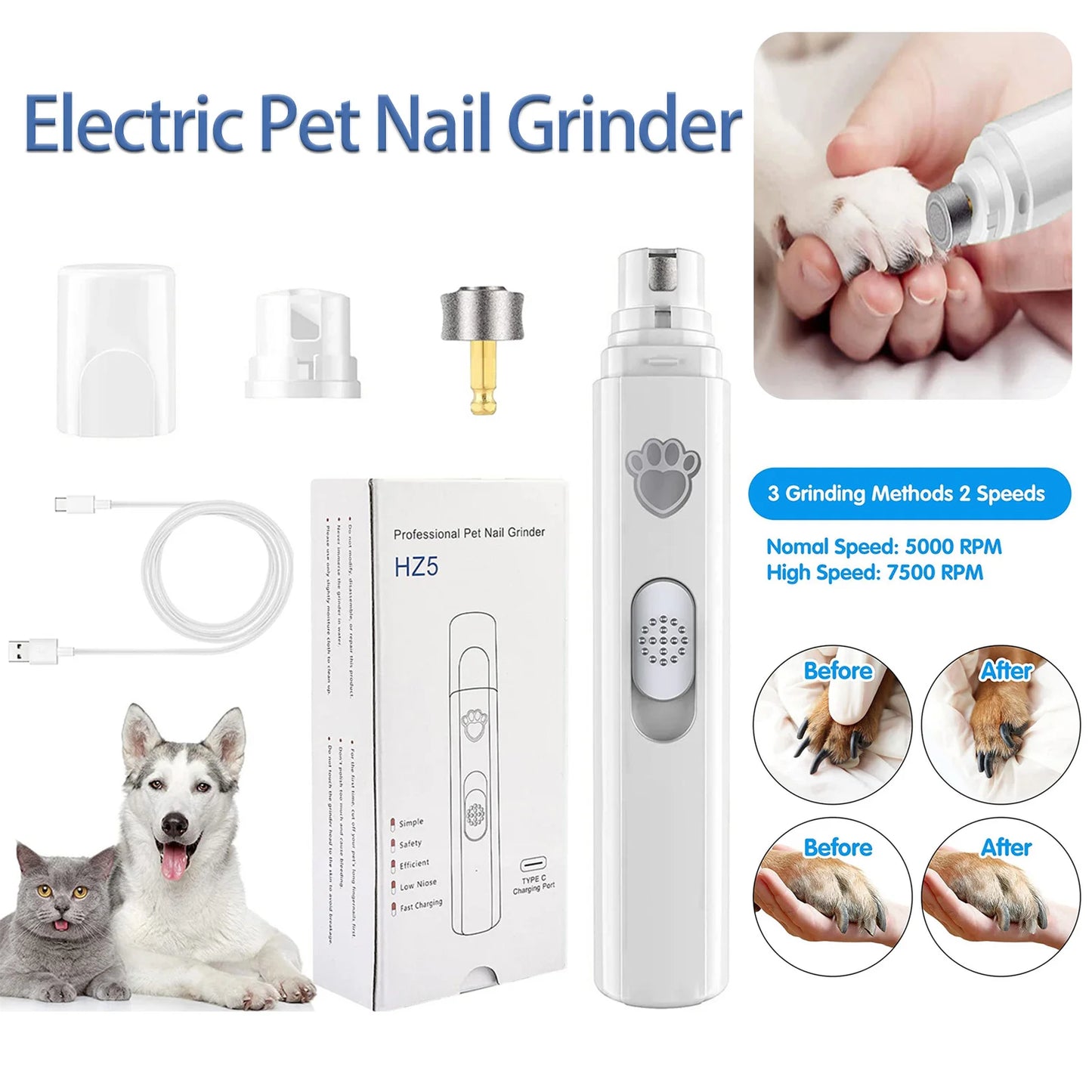 Electric USB Rechargeable Pet Nail Trimmers Painless with Polisher Wheel for Small/Large Pets