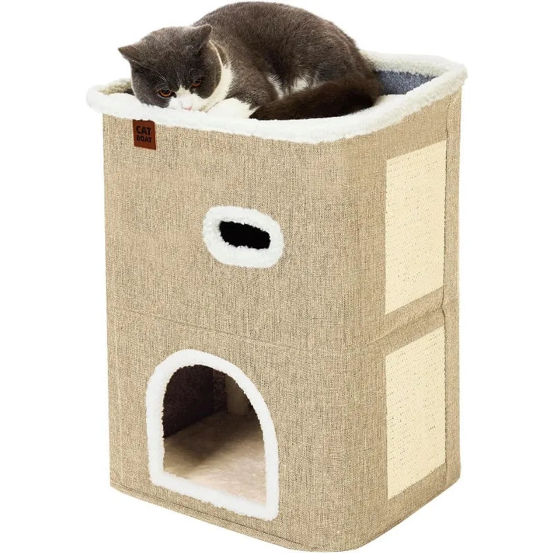 2-Storey Cat House for Indoor Cats Bed, Covered Cat Beds & Furniture with Scratch Pad and Hideaway Cave