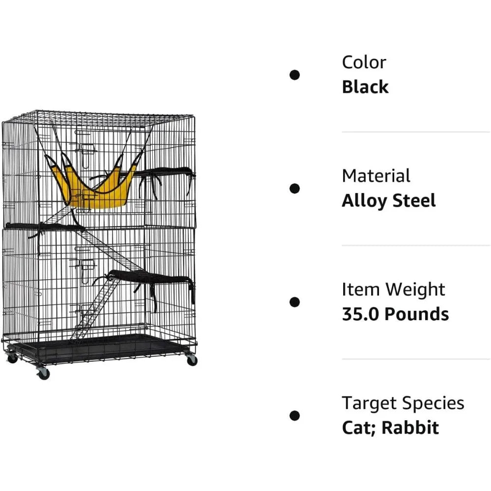 4-Tier 48 Inches Cage Crate Playpen with Free Hammock 2 Front Doors 3 Ramp Ladders Perching