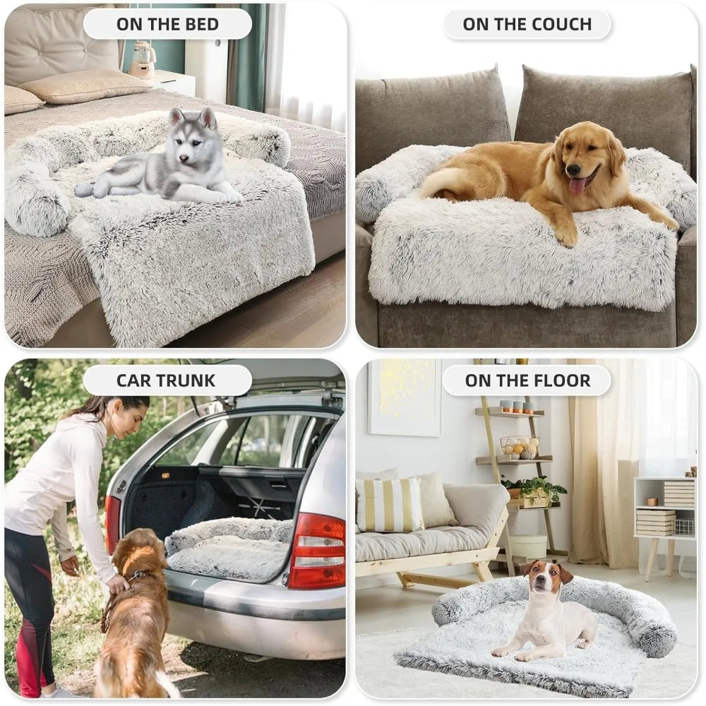 Calming Dog Bed Fluffy Plush Furniture Protector with Removable Washable Cover