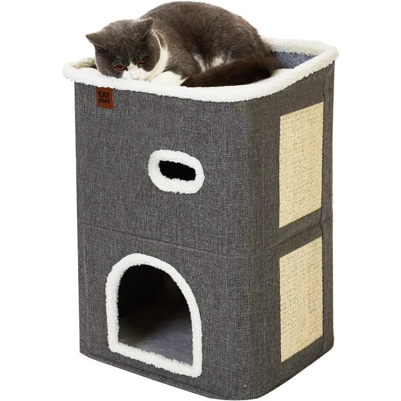 2-Storey Cat House for Indoor Cats Bed, Covered Cat Beds & Furniture with Scratch Pad and Hideaway Cave