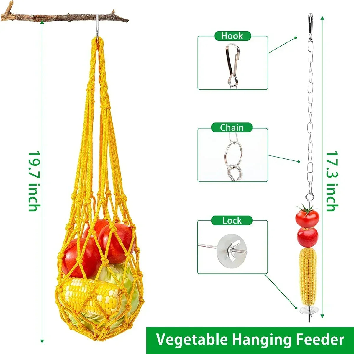 6Pcs Playing Training Toys Set Chewing Foraging Toys with Wooden Swing Fruit Vegetable Hanging Feeder