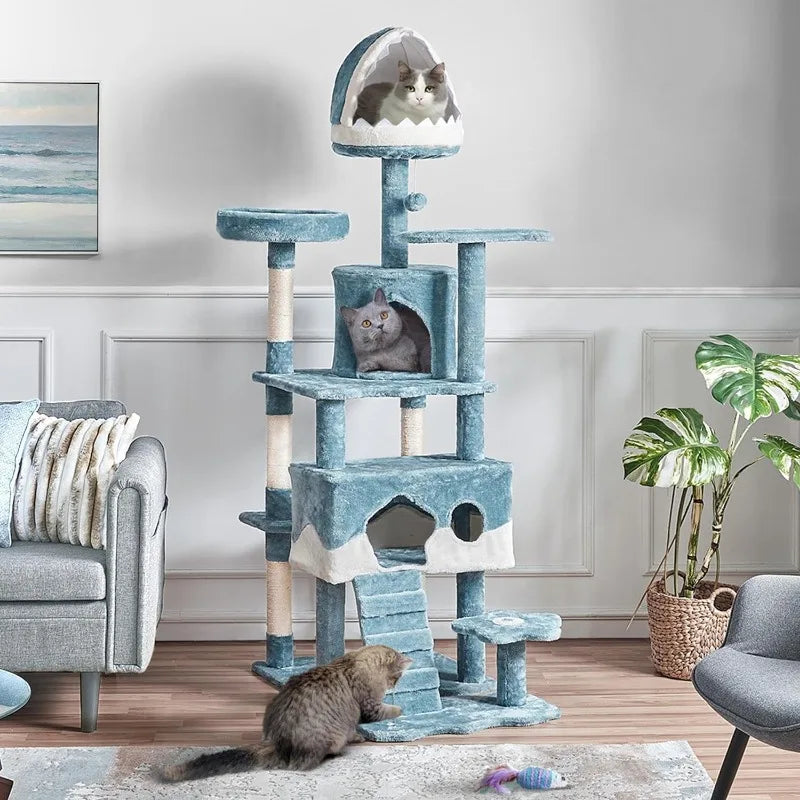 72.5inch Ocean-Themed Tree Tower, Multi-Level Large Cat Tree with Shark's Mouth Bed