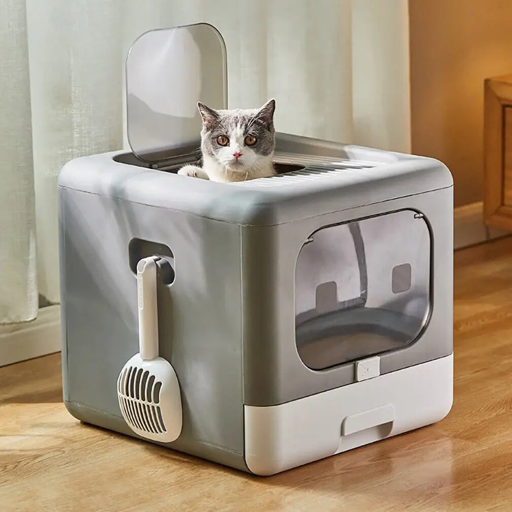 Cat Litter Box with Scoop and Tray Sifting Enclosed Foldable Kitten Toilet Detachable