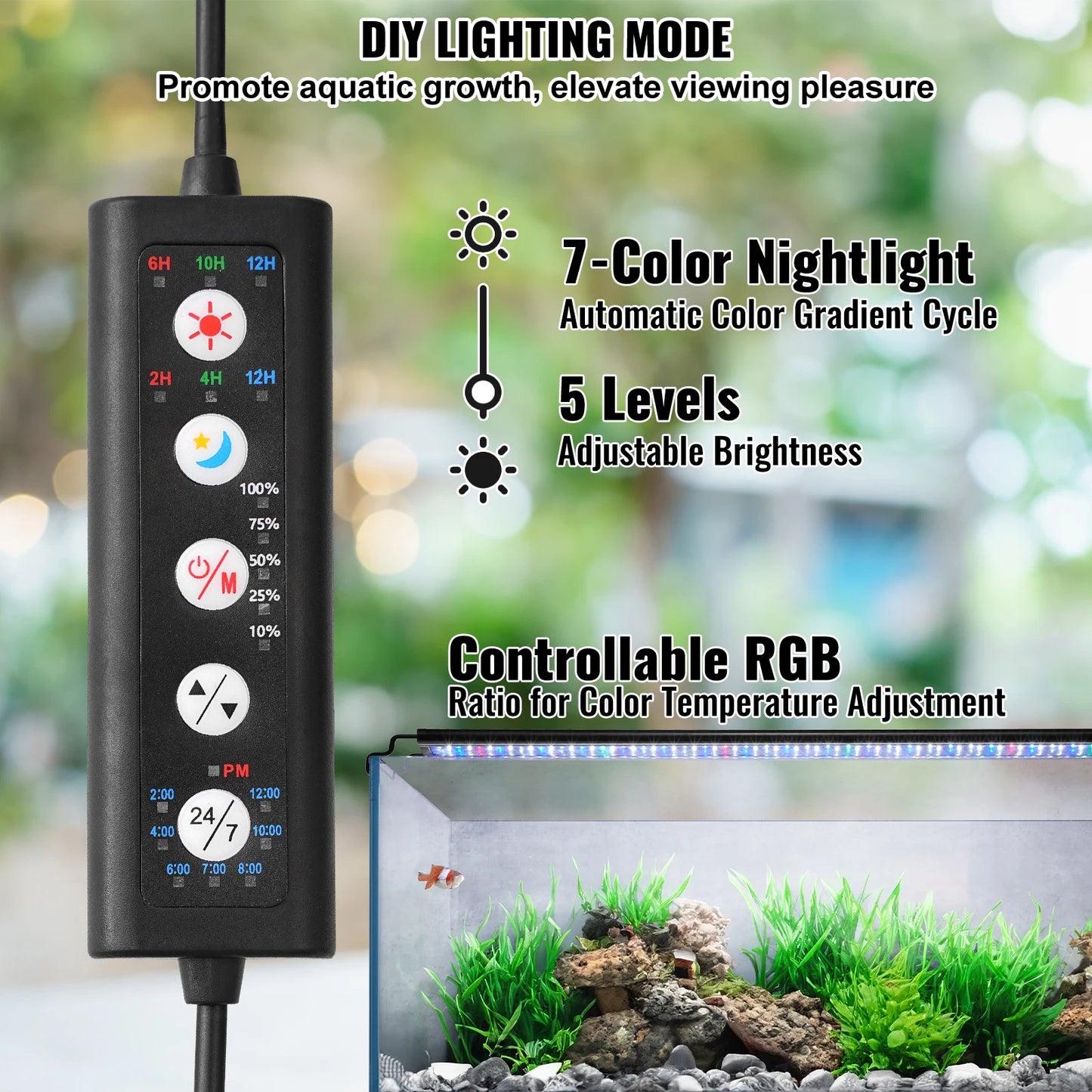 Full Spectrum Fish Tank Light with Natural Mode Adjustable Timer & 5-Level Brightness Extendable Brackets