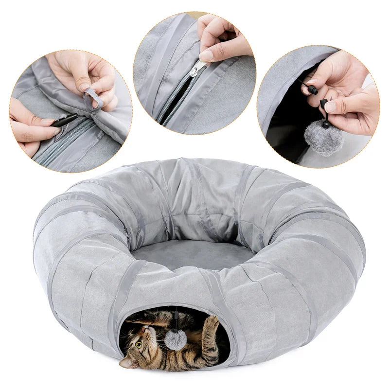 Interactive Collapsible Cat Tunnel with Plush Ball, Peek Holes, Mat Cushion, and 3 Tubes for Indoor Pets