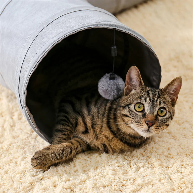 Interactive Collapsible Cat Tunnel with Plush Ball, Peek Holes, Mat Cushion, and 3 Tubes for Indoor Pets