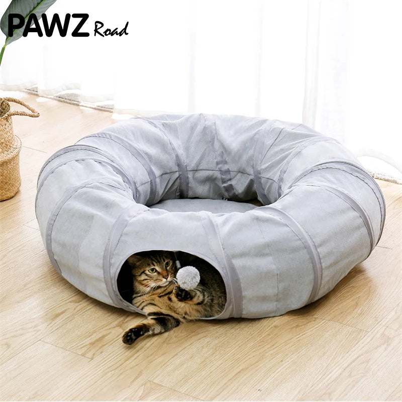 Interactive Collapsible Cat Tunnel with Plush Ball, Peek Holes, Mat Cushion, and 3 Tubes for Indoor Pets