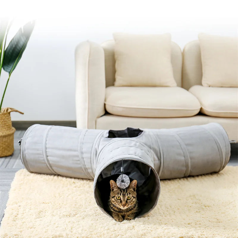 Interactive Collapsible Cat Tunnel with Plush Ball, Peek Holes, Mat Cushion, and 3 Tubes for Indoor Pets