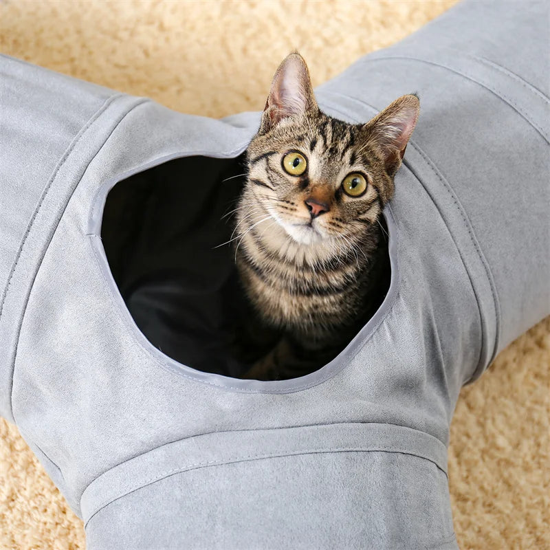 Interactive Collapsible Cat Tunnel with Plush Ball, Peek Holes, Mat Cushion, and 3 Tubes for Indoor Pets